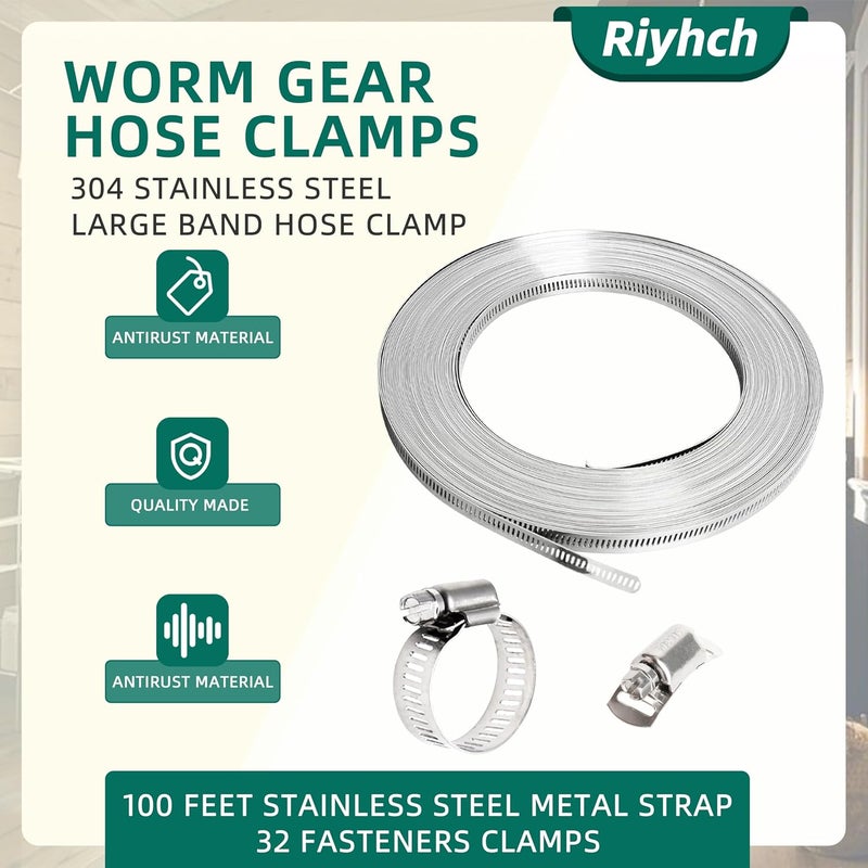 Riyhch 100 FT Hose Clamp Assortment Kit, 304 Stainless Steel Large Band Hose Clamp Metal Strap + 32 Stronger Fasteners, Adjustable Worm Gear Hose Clamps Screw Clamps - Image 2